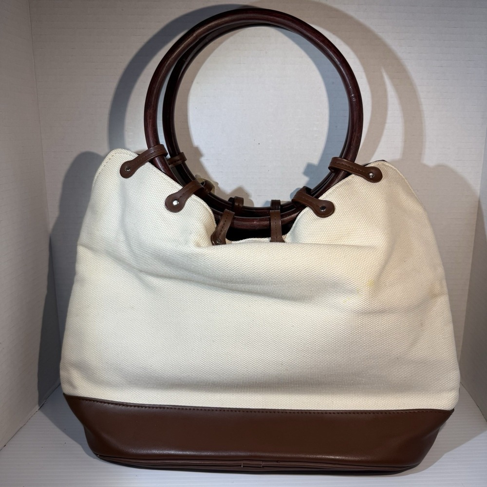 Bath & Body Works Wood Ring Canvas Faux Leather Bag Purse Satchel